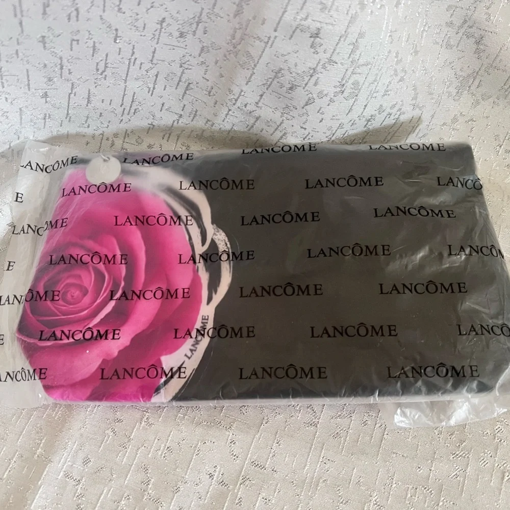 Lancome Paris Black and Pink Cosmetic Bag with Floral Accent